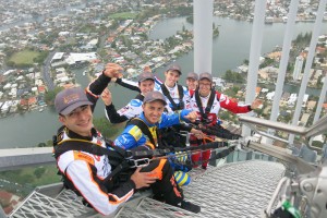 Six of the international drivers high above the Gold Coast on the SkyPoint climb atop the Q1 Building.