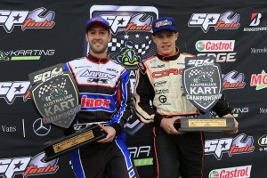 Scott Sorensen (left) and Pierce Lehane celebrate their wins in Newcastle (Pic: Coopers Photography)