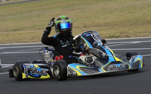 Jay Hanson crossing the line for his maiden KA2 victory (Pic: Coopers Photography)